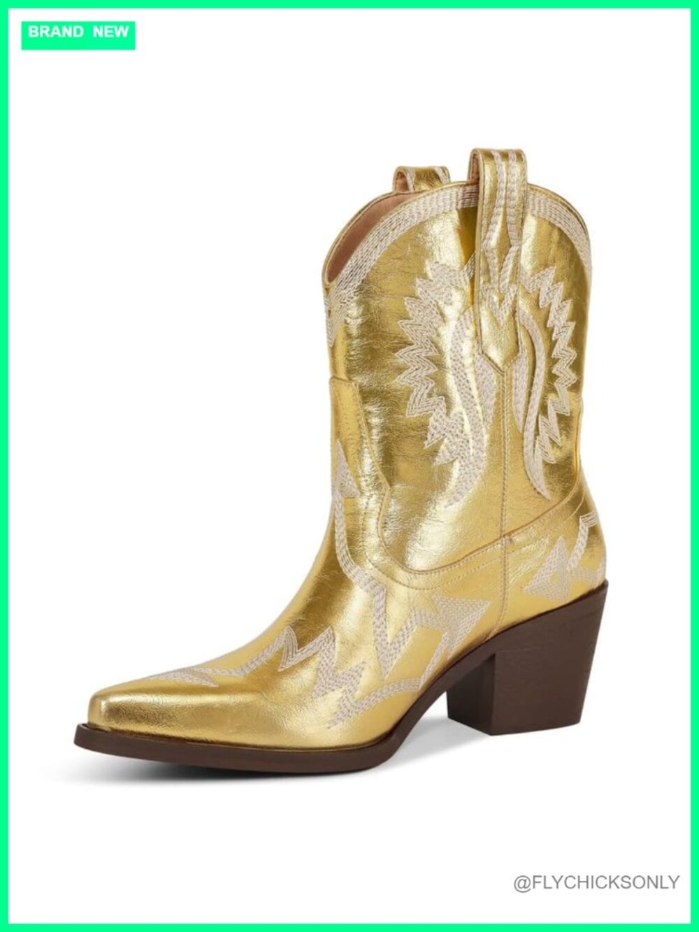 Metallic PU Leather Ankle Cowboy Boots Pointed Toe Chunky Heel Wide Calf Western